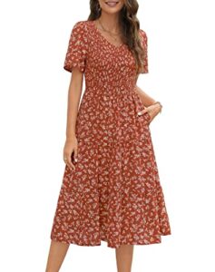 annebouti women 2023 summer short sleeve v neck beach modest boho floral tiered smocked casual midi dress with pockets brown