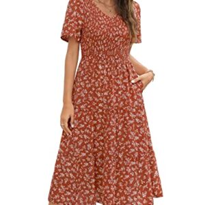 Annebouti Women 2023 Summer Short Sleeve V Neck Beach Modest Boho Floral Tiered Smocked Casual Midi Dress with Pockets Brown