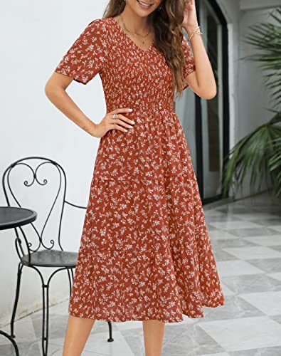 Annebouti Women 2023 Summer Short Sleeve V Neck Beach Modest Boho Floral Tiered Smocked Casual Midi Dress with Pockets Brown