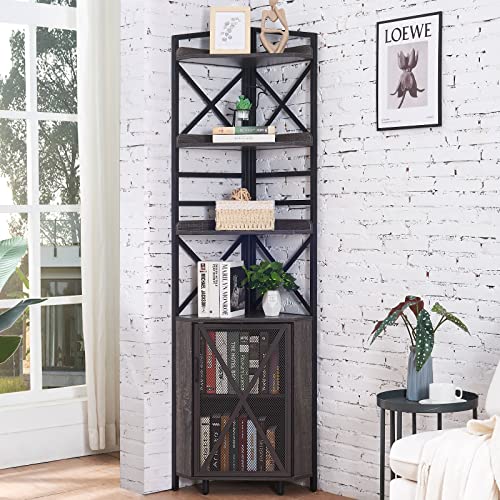 HOMBAZAAR Corner Shelf 5-Tier with Storage,Industrial Corner Bookshelf with Adjustable Board, Rustic Display of Corner Shelf Stand for Living Room, Home Office, Bedroom, Small Space,Grey