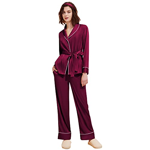 SWOMOG Womens Satin Pajamas Set Silk Long Sleeve Pjs Set V-Neck Robe and Pants Sleepwear S-XXL