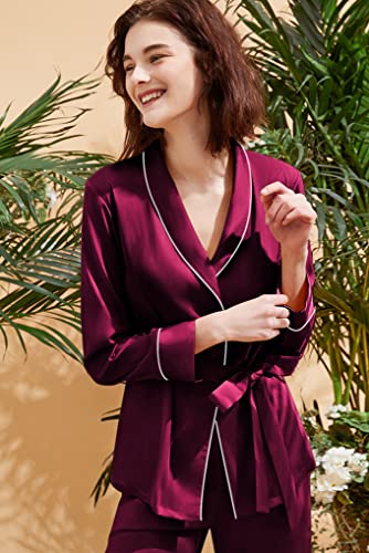 SWOMOG Womens Satin Pajamas Set Silk Long Sleeve Pjs Set V-Neck Robe and Pants Sleepwear S-XXL