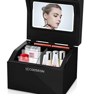 COOSEON Acrylic Skincare Fridge 10 Liter With Adjustable HD Mirror Light Thermostatic Mini Beauty Fridge with Removable Divider Shelf, Cosmetic fridge for Makeup, Bedroom, Office, Room