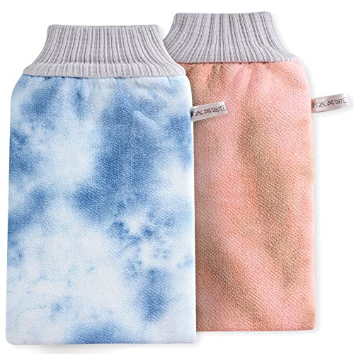 KDK Exfoliating Bath Gloves,Loofahs Body Scrub Mitts,Exfoliating Washcloth for Women and Men.(2PCS Pink&Blue Tie-dye)