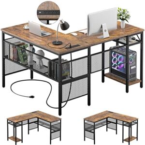 unikito l shaped computer desk with magic portable 4 power outlets and usb charging ports, 55 inch reversible l-shaped corner table with storage shelf, 2 person home office gaming desk, rustic brown