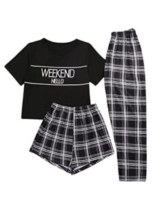 sweatyrocks women's 3 piece plaid pajama letter print short sleeve tee and shorts pants set black m