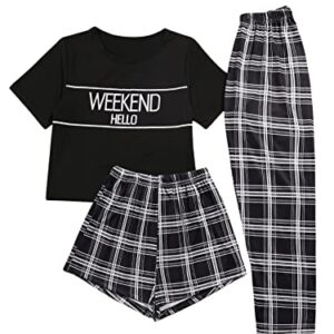 SweatyRocks Women's 3 Piece Plaid Pajama Letter Print Short Sleeve Tee and Shorts Pants Set Black M