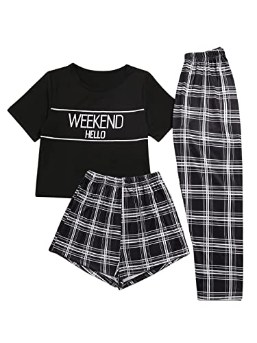 SweatyRocks Women's 3 Piece Plaid Pajama Letter Print Short Sleeve Tee and Shorts Pants Set Black M