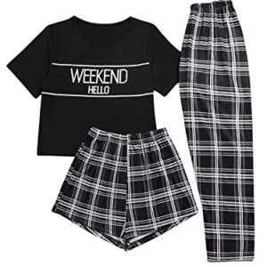 SweatyRocks Women's 3 Piece Plaid Pajama Letter Print Short Sleeve Tee and Shorts Pants Set Black M