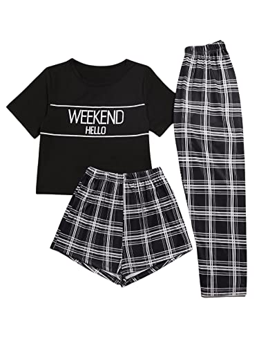 SweatyRocks Women's 3 Piece Plaid Pajama Letter Print Short Sleeve Tee and Shorts Pants Set Black M