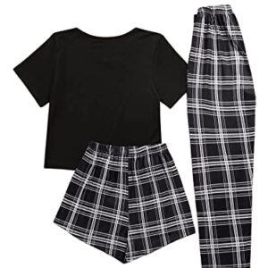 SweatyRocks Women's 3 Piece Plaid Pajama Letter Print Short Sleeve Tee and Shorts Pants Set Black M