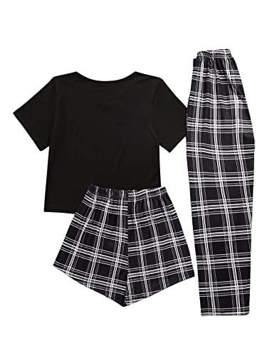 SweatyRocks Women's 3 Piece Plaid Pajama Letter Print Short Sleeve Tee and Shorts Pants Set Black M