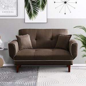 SoarFlash Convertible Futon Sofa Bed with 2 Pillows, Small Couch with Adjustable Armrest and Wood Legs, Upholstered Loveseats Furniture Low Back 2-Seat Sofa Couch with 5-Angle Backrest (Brown)