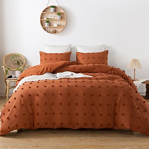 Andency Terracotta Tufted Dot Duvet Cover Queen Size (90x90 inch), 3 Pieces (1 Jacquard Duvet Cover, 2 Pillowcases) All Season Soft Washed Microfiber Duvet Cover Set with Zipper Closure, Corner Ties