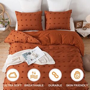 Andency Terracotta Tufted Dot Duvet Cover Queen Size (90x90 inch), 3 Pieces (1 Jacquard Duvet Cover, 2 Pillowcases) All Season Soft Washed Microfiber Duvet Cover Set with Zipper Closure, Corner Ties