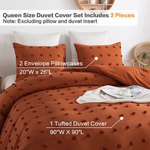 Andency Terracotta Tufted Dot Duvet Cover Queen Size (90x90 inch), 3 Pieces (1 Jacquard Duvet Cover, 2 Pillowcases) All Season Soft Washed Microfiber Duvet Cover Set with Zipper Closure, Corner Ties