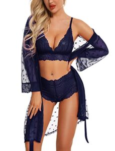 rslove sexy lingerie robe set for women 3 piece lace kimono with bra and panty sheer sleepwear navy blue l