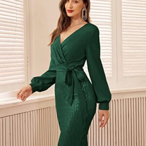 GRACE KARIN Women's Pencil Midi Dress Long Sleeve Elegant Casual Knee Length Wrap Dresses Atrovirens L