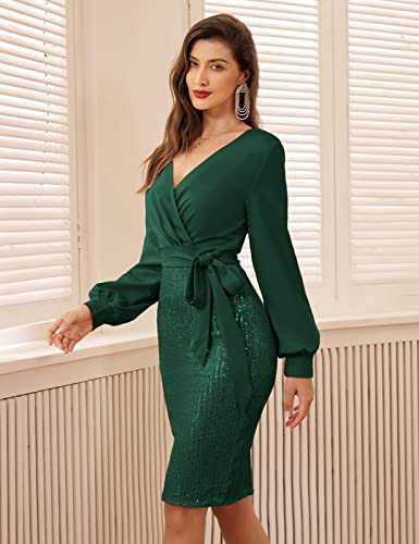 GRACE KARIN Women's Pencil Midi Dress Long Sleeve Elegant Casual Knee Length Wrap Dresses Atrovirens L