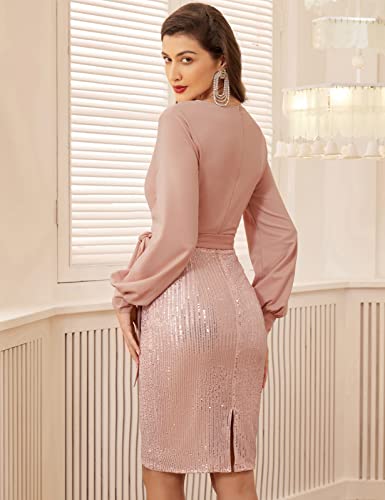 GRACE KARIN Sequin Wedding Guest Dresses for Women Wear to Party Bodycon with Belt Pink XXL