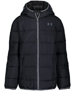 under armour boys' pronto puffer jacket, mid-weight, zip up closure, repels water, black solid, 4