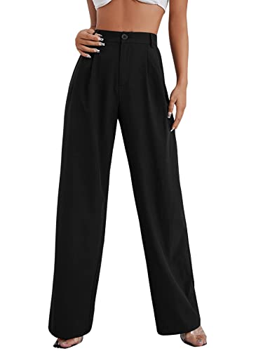 SweatyRocks Women's Wide Leg High Waisted Button Down Straight Long Trousers Pants Black XS