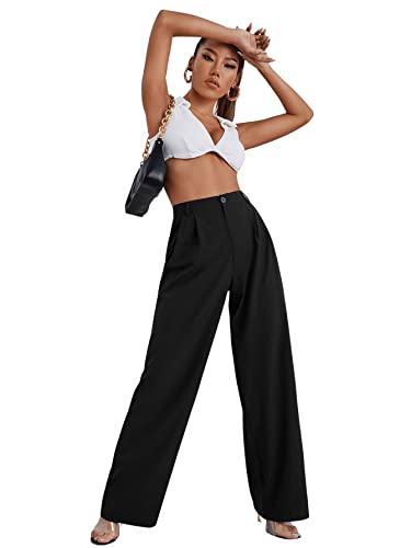 SweatyRocks Women's Wide Leg High Waisted Button Down Straight Long Trousers Pants Black XS