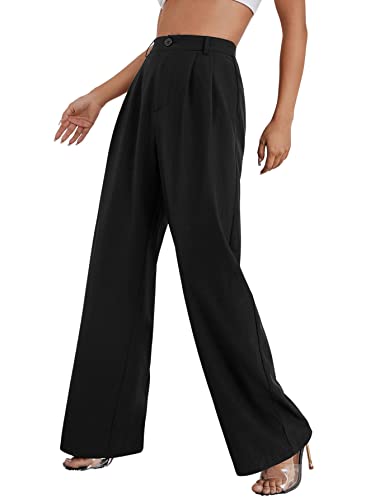 SweatyRocks Women's Wide Leg High Waisted Button Down Straight Long Trousers Pants Black XS