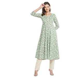 tissu women's rayon green & beige floral printed flared kurta 2144_green_xs