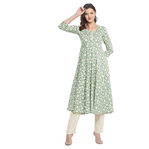 Tissu Women's Rayon Green & Beige Floral Printed Flared Kurta 2144_Green_XS