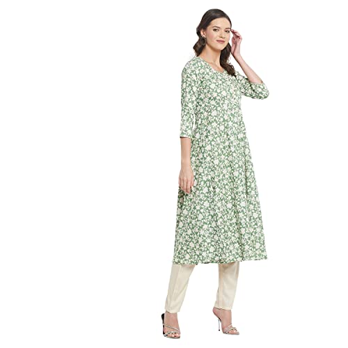 Tissu Women's Rayon Green & Beige Floral Printed Flared Kurta 2144_Green_XS