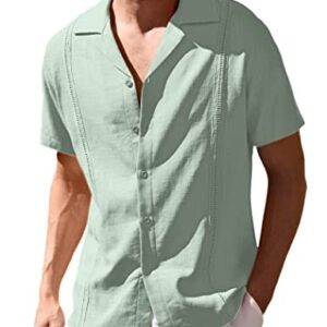 COOFANDY Men's Cuban Shirt Short Sleeve Linen Tops Casual Beach Button Up Shirts A - Light Green