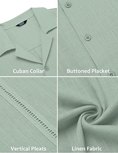 COOFANDY Men's Cuban Shirt Short Sleeve Linen Tops Casual Beach Button Up Shirts A - Light Green