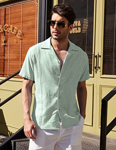 COOFANDY Men's Cuban Shirt Short Sleeve Linen Tops Casual Beach Button Up Shirts A - Light Green