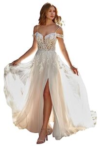 seim plus size womens lace applique bodice 2023 wedding dress with slit white long empire waist off shoulder beach wedding dress with slit for bride 16w