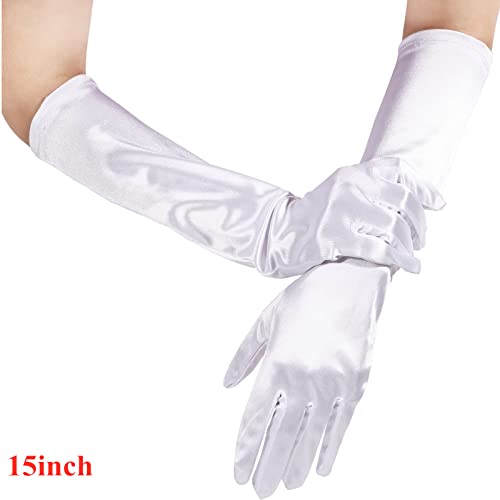 1920s Long Evening Satin Elbow Gloves Opera Gloves Stretch Bridal Wedding Prom Party Costume Accessories Gloves for Women (White, 15 Inch)