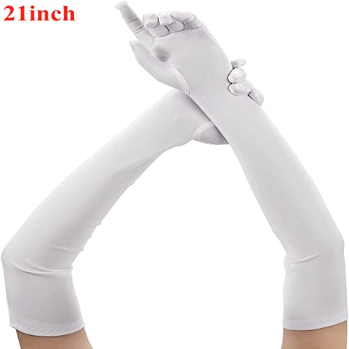 1920s Long Evening Satin Elbow Gloves Opera Gloves Stretch Bridal Wedding Prom Party Costume Accessories Gloves for Women (White, 15 Inch)