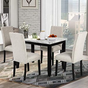 merax 5-piece faux marble and wooden dining table set with 4 thicken cushion chairs for kitchen, white + beige