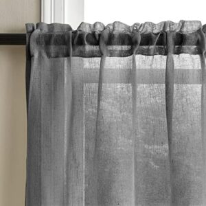 Dark Gray Curtains 24 Inch Length for Mini Kitchen Travel Half Window ,Small Short Rustic Light Filtering Linen Blend Grey Semi Sheer Curtains for Bathroom Basement Sitting Room RV Loft 2 Panels Set