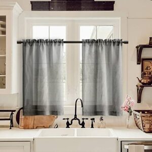 Dark Gray Curtains 24 Inch Length for Mini Kitchen Travel Half Window ,Small Short Rustic Light Filtering Linen Blend Grey Semi Sheer Curtains for Bathroom Basement Sitting Room RV Loft 2 Panels Set