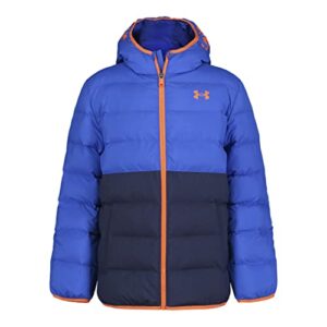 under armour boys' pronto colorblock puffer jacket, mid-weight, zip up closure, repels water, versa blue/orange, 5