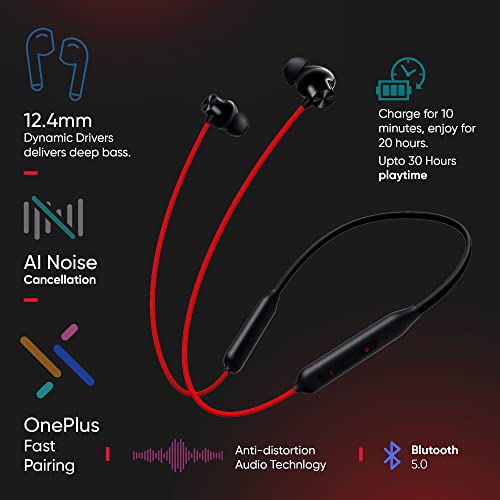OnePlus Bullets Wireless Z2 Bluetooth 5.0 in Ear Earphones, Bombastic Bass – 12.4 mm Drivers, 30 Hrs Battery Life (Acoustic Red)