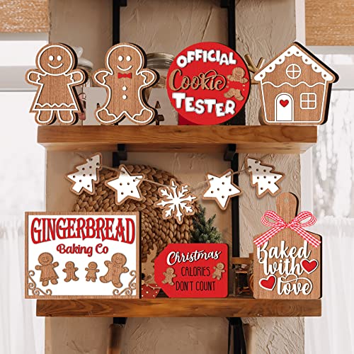 Christmas Tiered Tray Decor Winter Table Wooden Sign Decorations Xmas Tabletop Farmhouse Coffee Signs Ginger Man Snowmen Santa Decor for Christmas Party Home Kitchen Holiday (Classic, 12 Pcs)