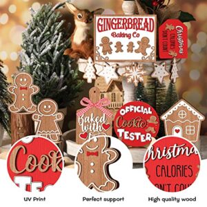 Christmas Tiered Tray Decor Winter Table Wooden Sign Decorations Xmas Tabletop Farmhouse Coffee Signs Ginger Man Snowmen Santa Decor for Christmas Party Home Kitchen Holiday (Classic, 12 Pcs)