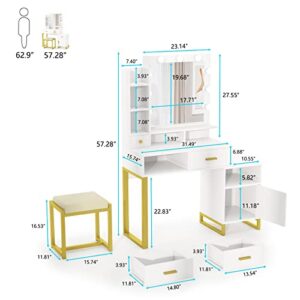 PAKASEPT Makeup Desk with Mirror and Lights, Desk and Chair, Vanity Table Set with Cushioned Stool, Shelves & Drawers, Storage Cabinet for Bedroom, White