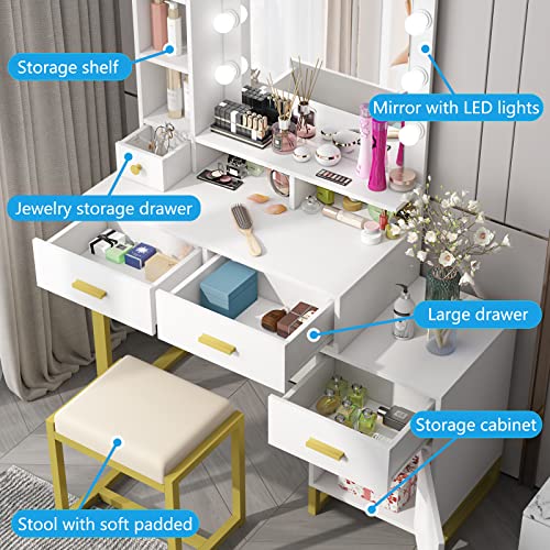 PAKASEPT Makeup Desk with Mirror and Lights, Desk and Chair, Vanity Table Set with Cushioned Stool, Shelves & Drawers, Storage Cabinet for Bedroom, White