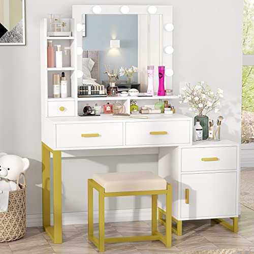 PAKASEPT Makeup Desk with Mirror and Lights, Desk and Chair, Vanity Table Set with Cushioned Stool, Shelves & Drawers, Storage Cabinet for Bedroom, White