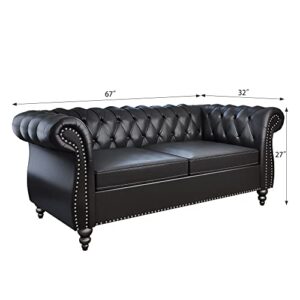 3 Piece Living Room Set, Chesterfield Leather Sofa Loveseat Couch Chair with Scroll Arms and Nailhead for Living Room, Office (Black)