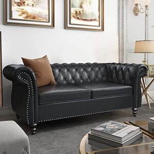 3 Piece Living Room Set, Chesterfield Leather Sofa Loveseat Couch Chair with Scroll Arms and Nailhead for Living Room, Office (Black)