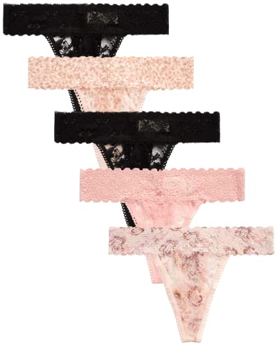 Jessica Simpson Women's Underwear - 5 Pack Stretch Microfiber Lace Thong Panties (S-XL), Size Medium, Black/Black/Animal Blush/Rose/Floral Rose